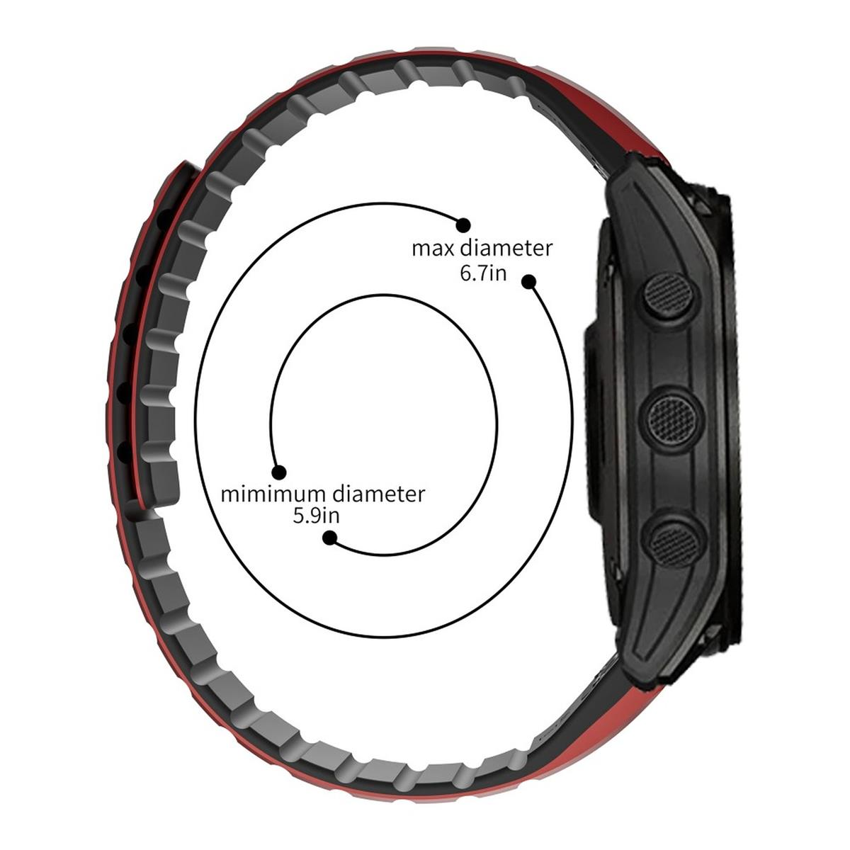 Eine schwarze Smartwatch. Diagramm zeigt max. Durchmesser 6,7 Zoll und min. Durchmesser 5,9 Zoll. Rotes Armband.