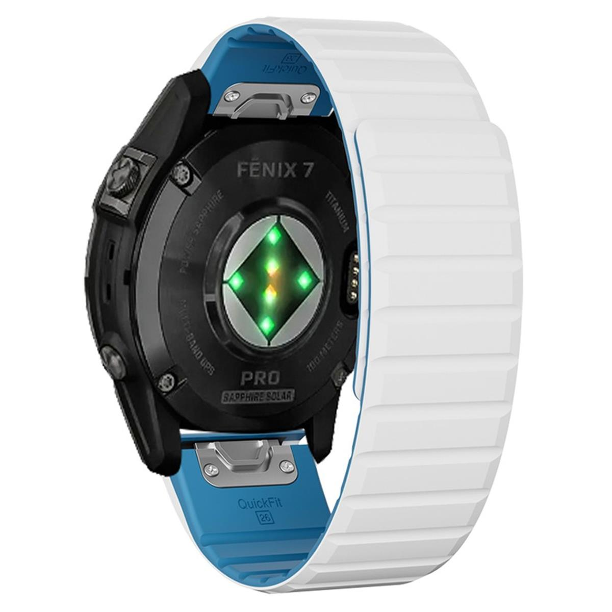 Schwarze Smartwatch mit weißem und blauem Armband. Sie hat einen grünen Sensor und einen Titanrücken.