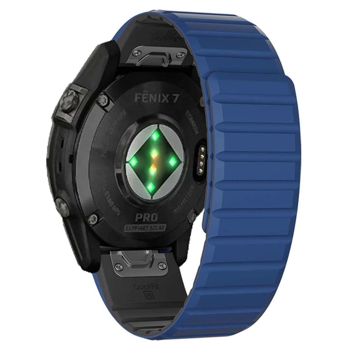 Eine schwarze Smartwatch mit blauem Armband, die die Rückseite der Uhr mit einem Herzfrequenzsensor zeigt.