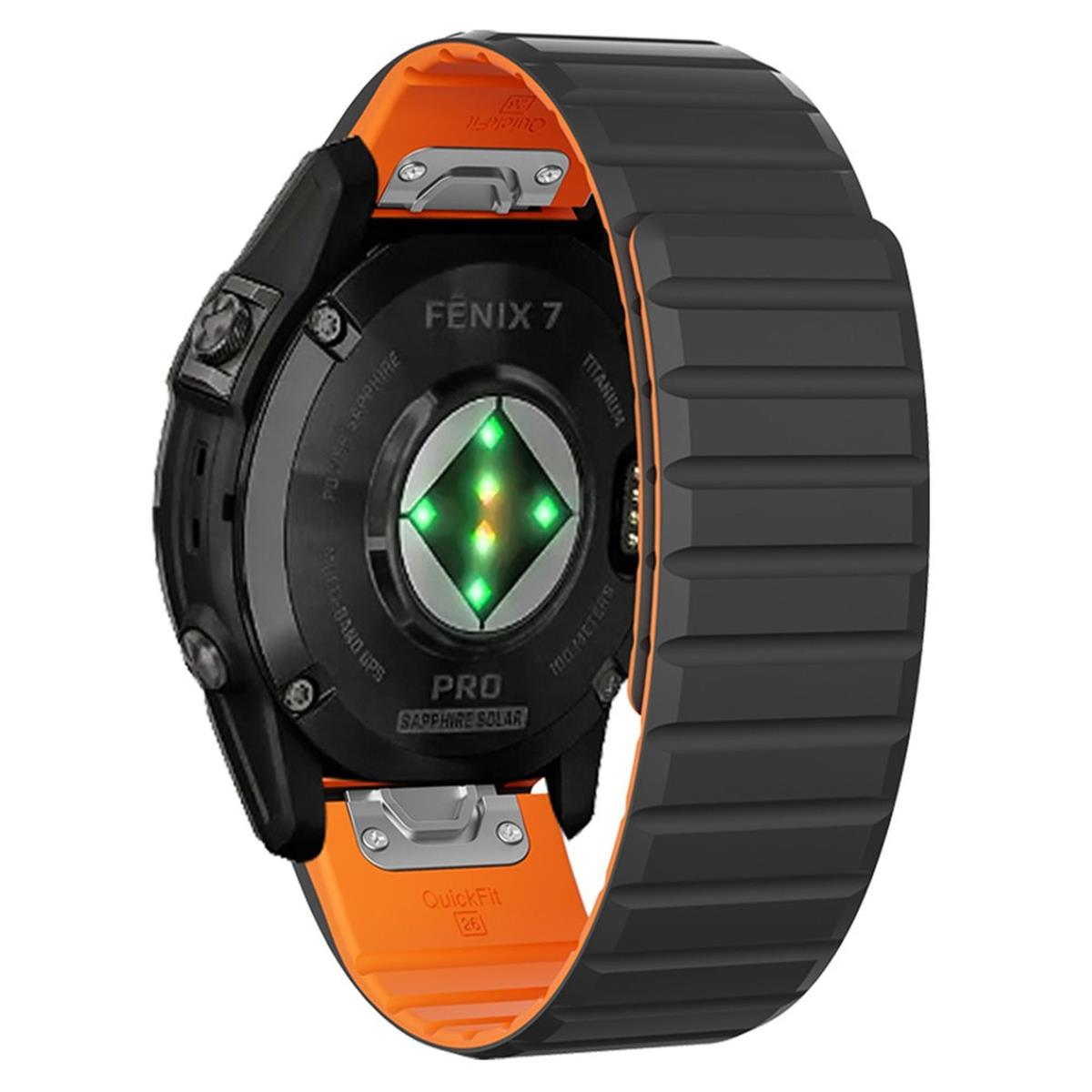 Schwarze Smartwatch mit orangefarbenem Armband. Es hat einen grünen Sensor und ein schwarzes Zifferblatt.