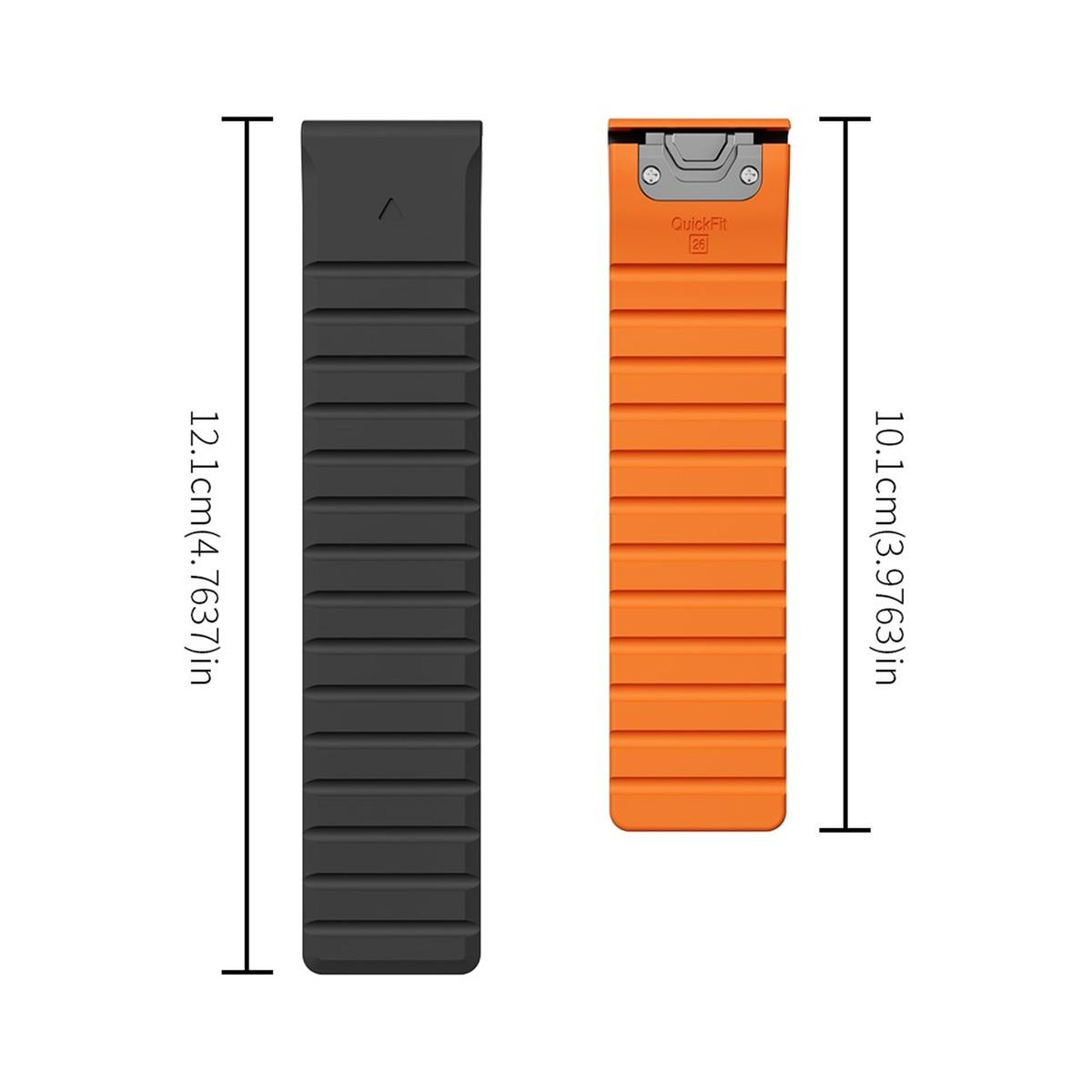 Zwei Uhrenarmbänder: eins schwarz, eins orange. Beide sind gerippt und haben Längenmessungen in cm und Zoll.
