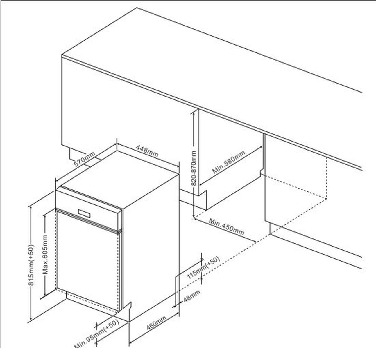 Diagramm eines Geschirrspülers mit Maßen, weißer Hintergrund, Draufsicht.