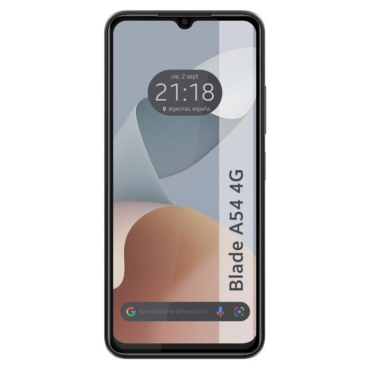 Parte anteriore dello smartphone nero. Ha uno schermo che mostra data/ora e un'interfaccia app. Il telefono è Blade A54 4G.