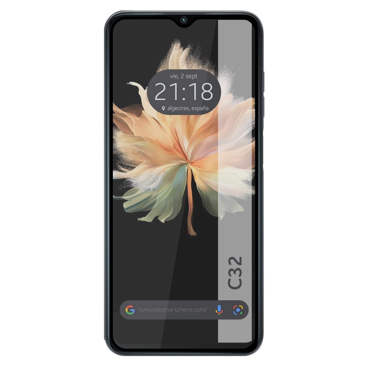 Pantalla negra de smartphone con fecha/hora y fondo floral. Teléfono negro con barra blanca.