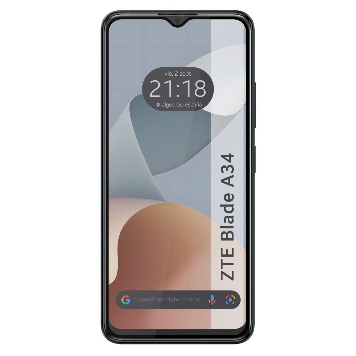 Smartphone nero con display che mostra ora e luogo. Il telefono è ZTE Blade A34.
