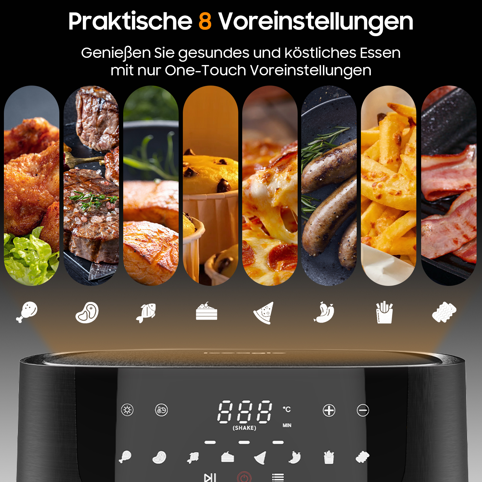 Heißluftfritteuse mit Display und Essensbildern. Verschiedene Arten von Lebensmitteln werden angezeigt.