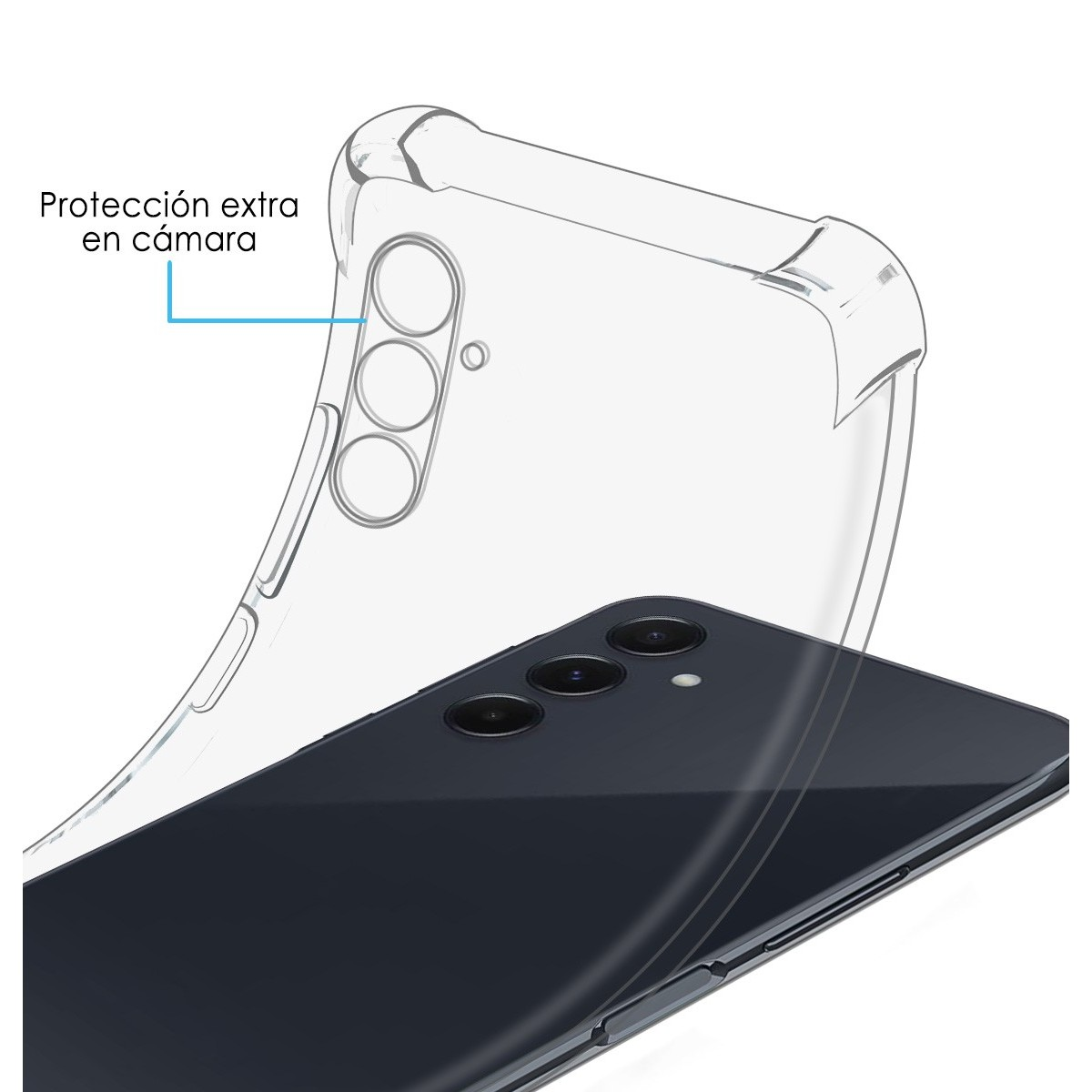 Una custodia trasparente su un telefono scuro, con protezione della fotocamera.