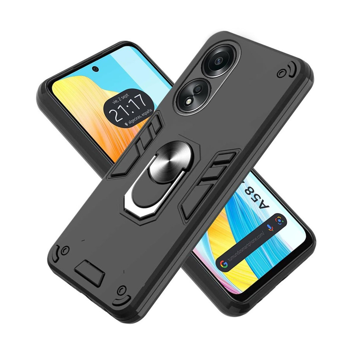 Tre telefoni: uno con custodia nera con anello, due con schermi che mostrano l'ora. Lo sfondo è bianco.