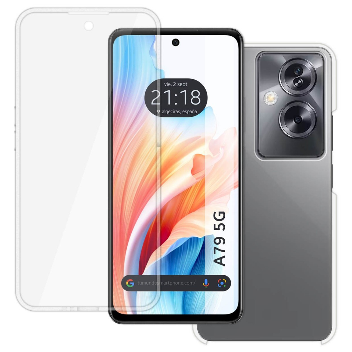 Telefono con protezione schermo e custodia. Data e ora visibili. Il testo A79 5G è presente.