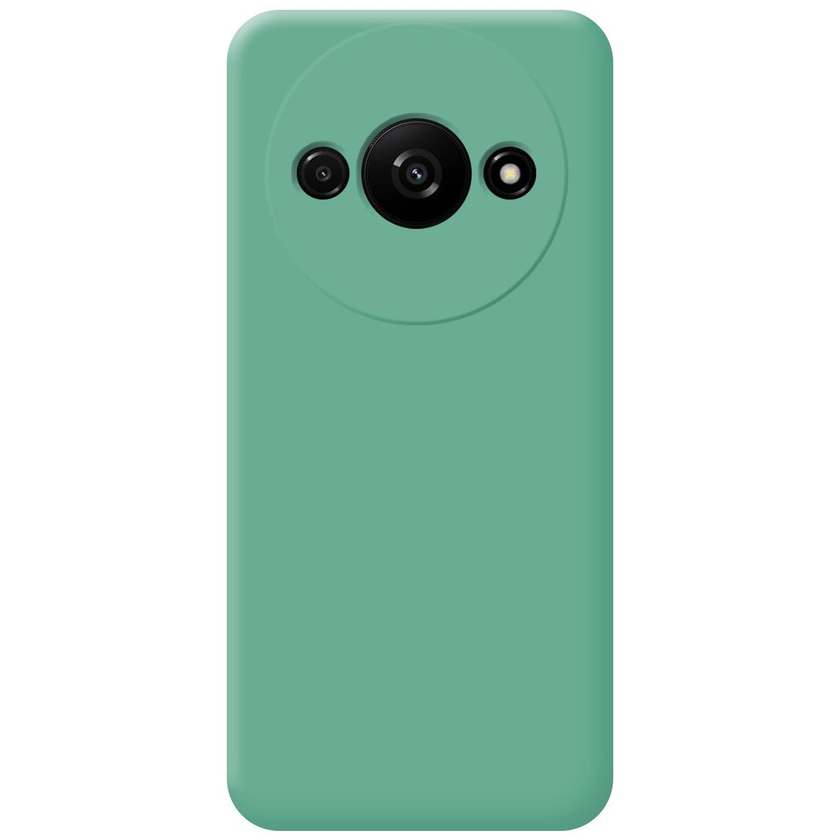 Custodia per telefono verde con modulo fotocamera. Vista posteriore del telefono.