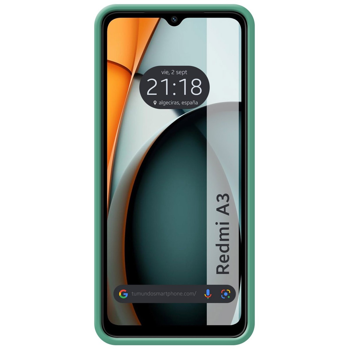 Telefono Redmi A3 con custodia verde. Lo schermo mostra l'ora e il luogo.
