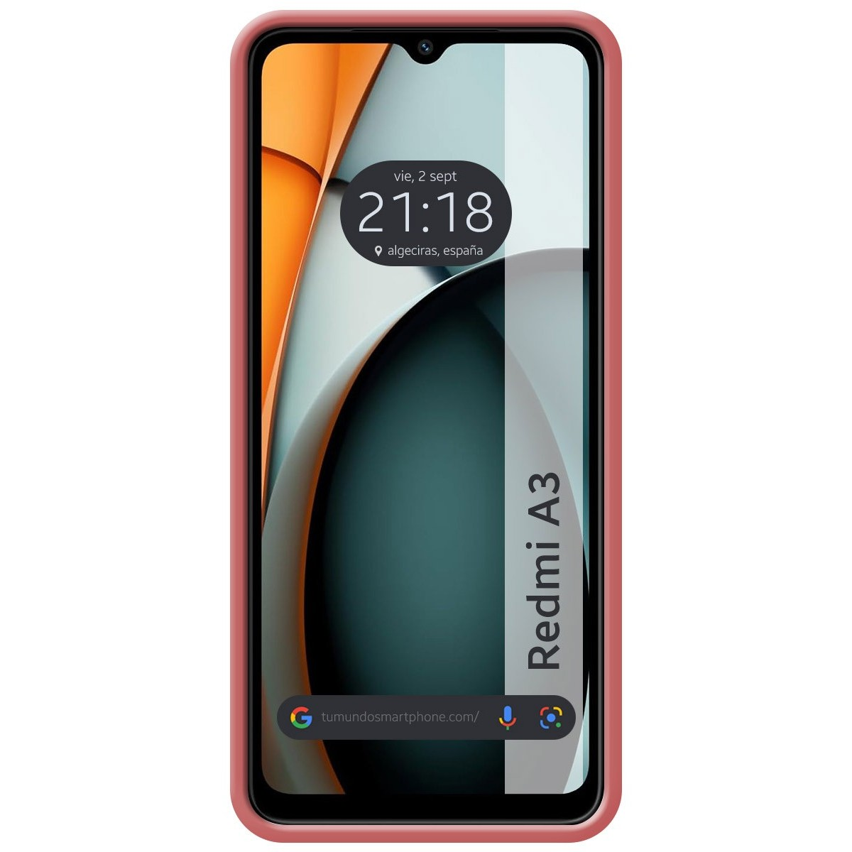 Custodia Redmi A3, schermo del telefono a destra con l'ora, con colori arancione e verde.