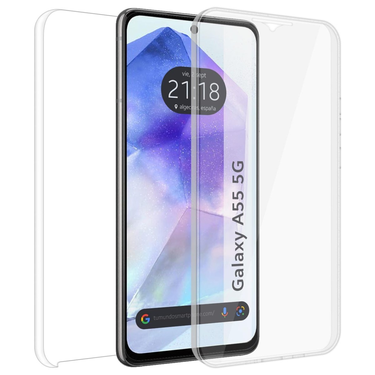 Un teléfono con protector de pantalla instalado, mostrando la hora.