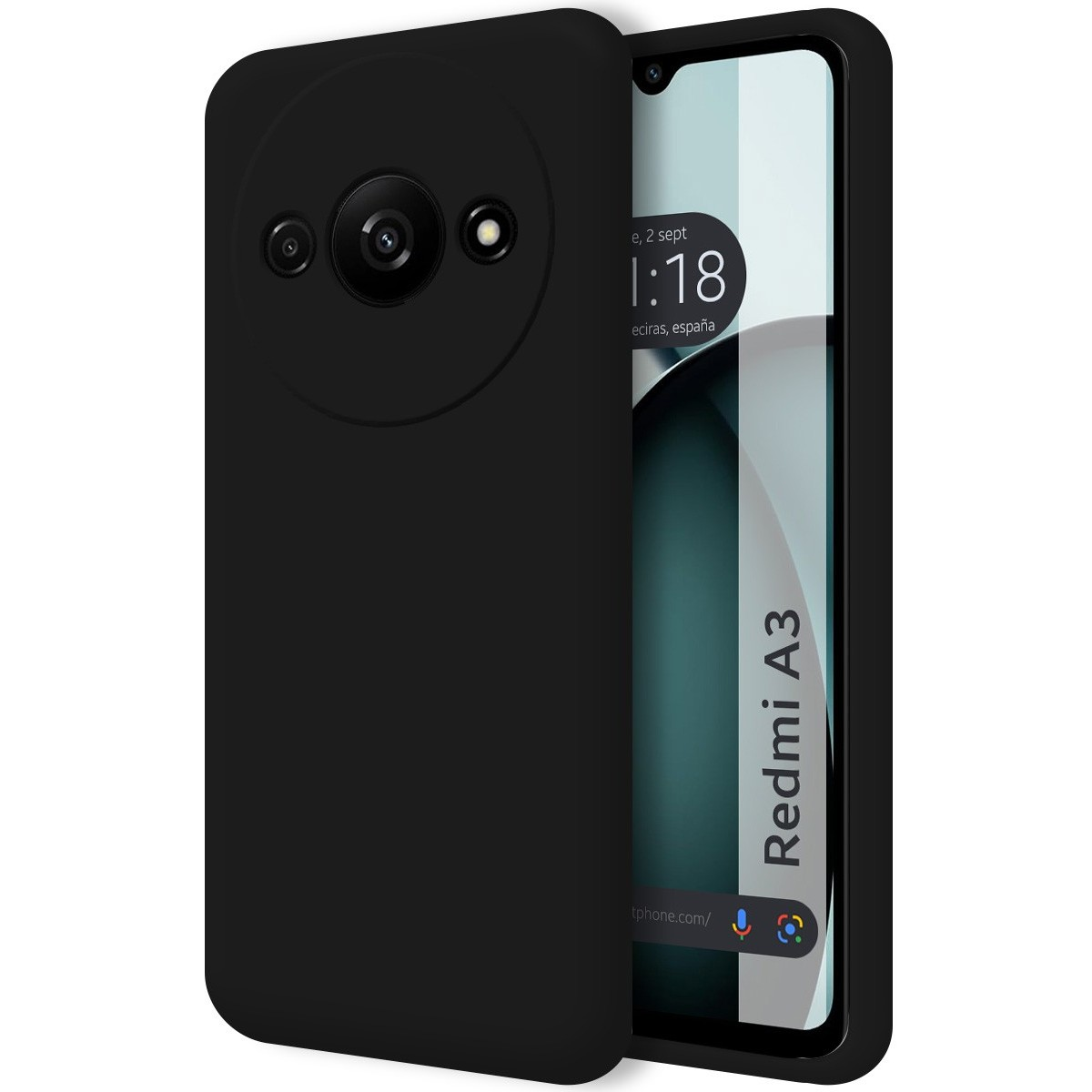 Custodia per telefono nera con modulo fotocamera e schermo Redmi A3.