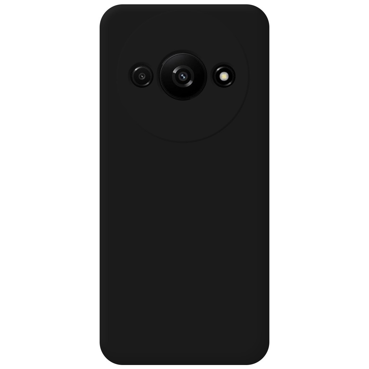Custodia per telefono nera con tre obiettivi della fotocamera. Il retro del telefono è nero.