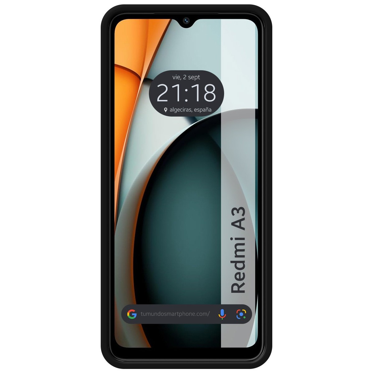 Telefono con custodia nera che mostra la data e l'ora. Il telefono è un Redmi A3.