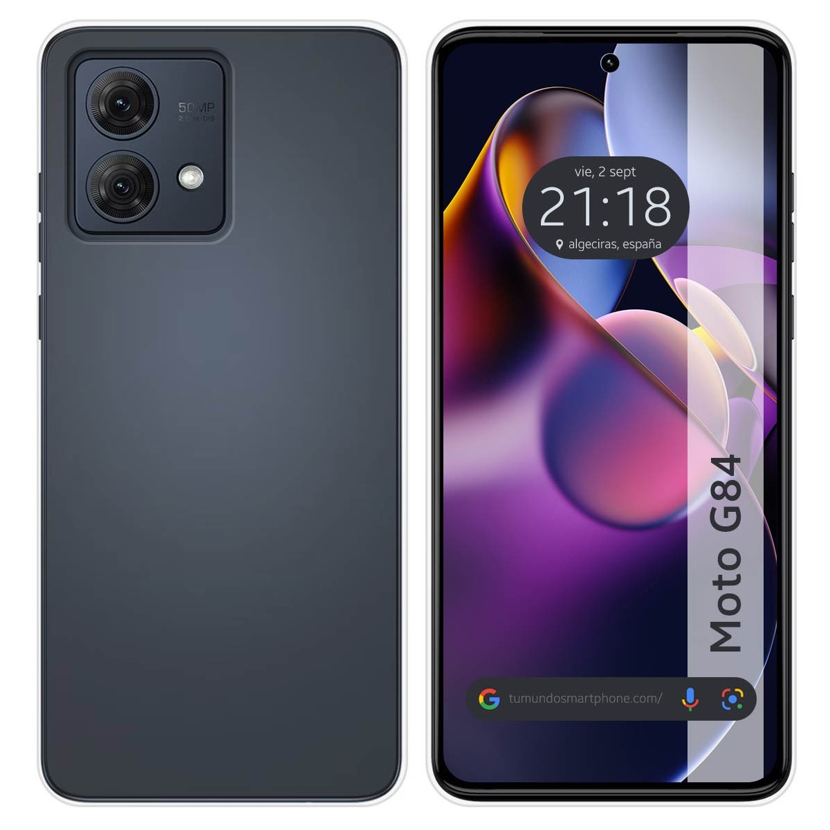 Una custodia per telefono grigio scuro. Lo schermo mostra l'ora e il luogo con un design viola.
