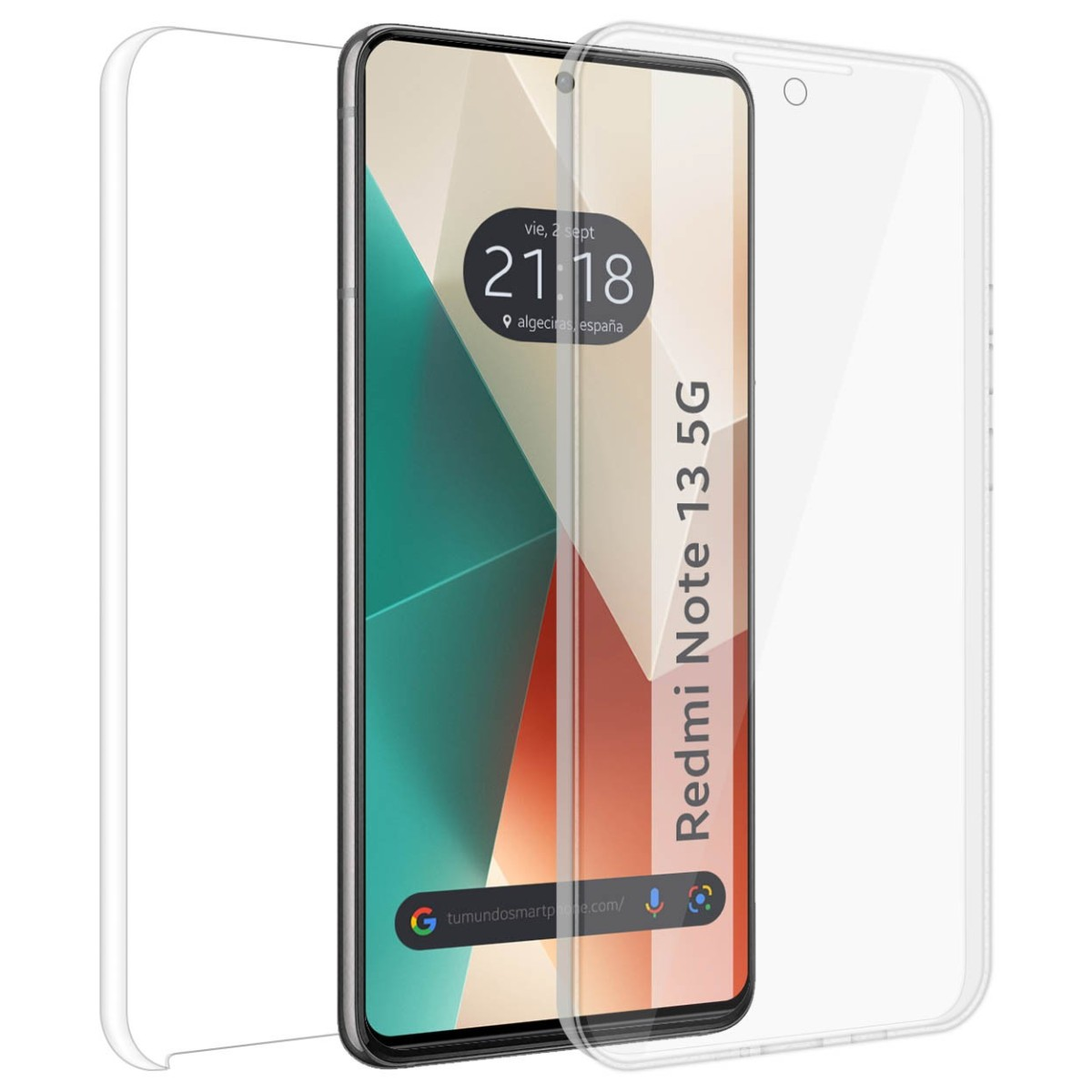 Uno smartphone coperto da due strati di vetro protettivo trasparente, con un telefono che mostra l'ora e la posizione.