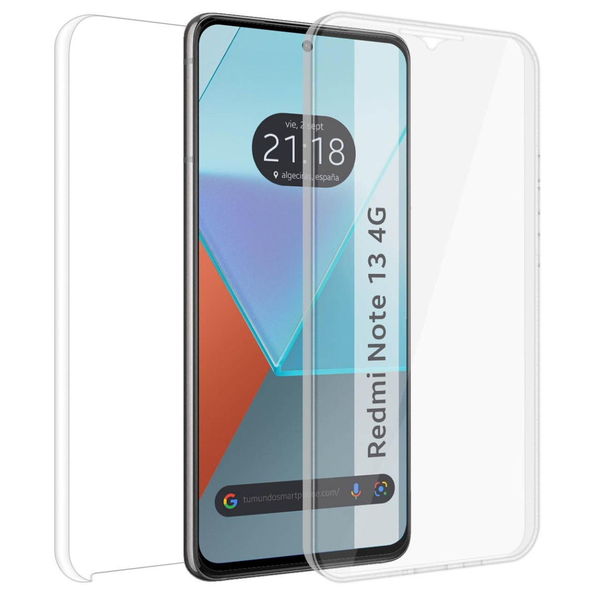 Telefono Redmi Note 13 4G con protezione schermo, che mostra l'ora e una protezione schermo trasparente.