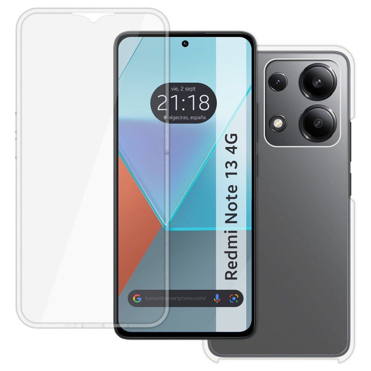 Telefono Redmi Note 13 4G con schermo protettivo e custodia. Il telefono mostra un'interfaccia utente.