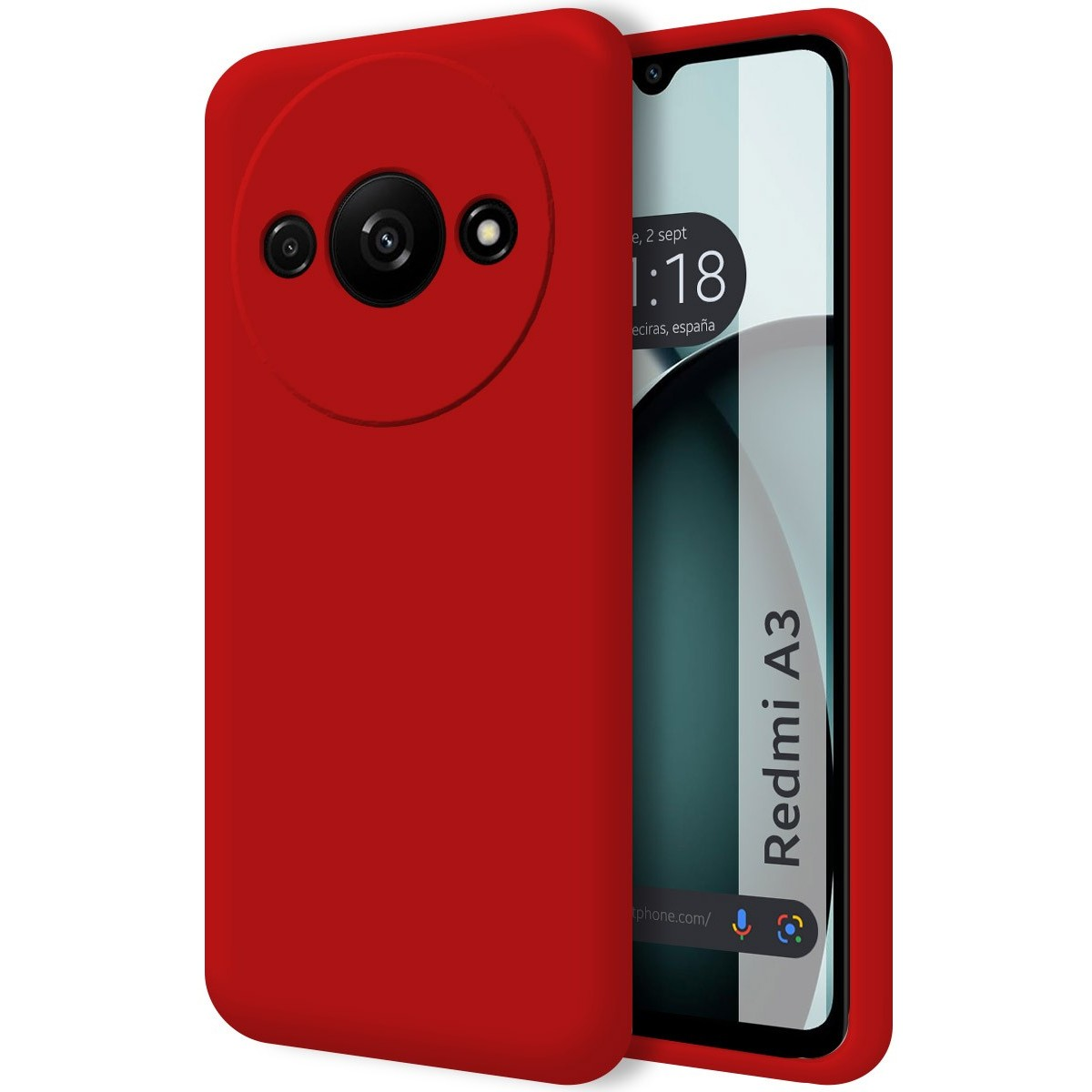 Custodia rossa con anello per fotocamera. Lo schermo mostra l'ora e la posizione.