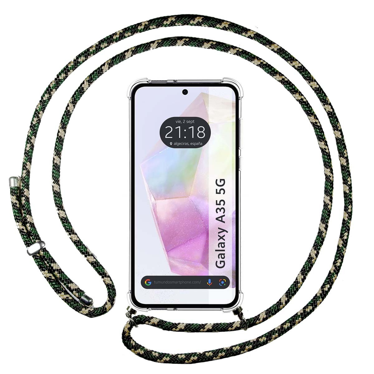 Telefono con cinturino, lo schermo mostra l'ora, il luogo e il testo Galaxy A35 5G.