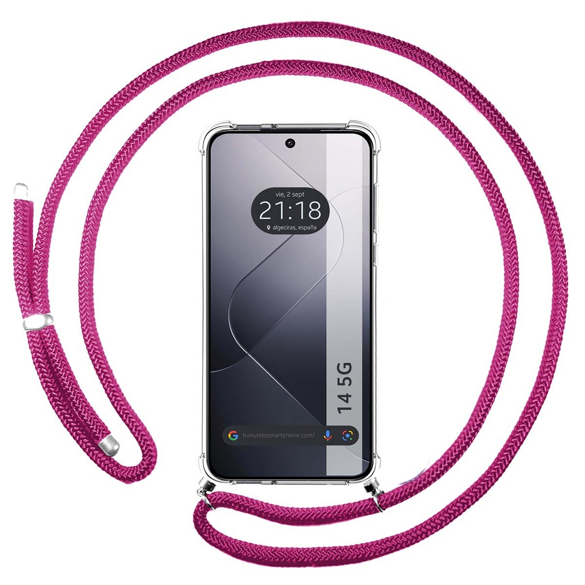 Un telefono con un cordino magenta. Lo schermo mostra l'ora e il luogo.