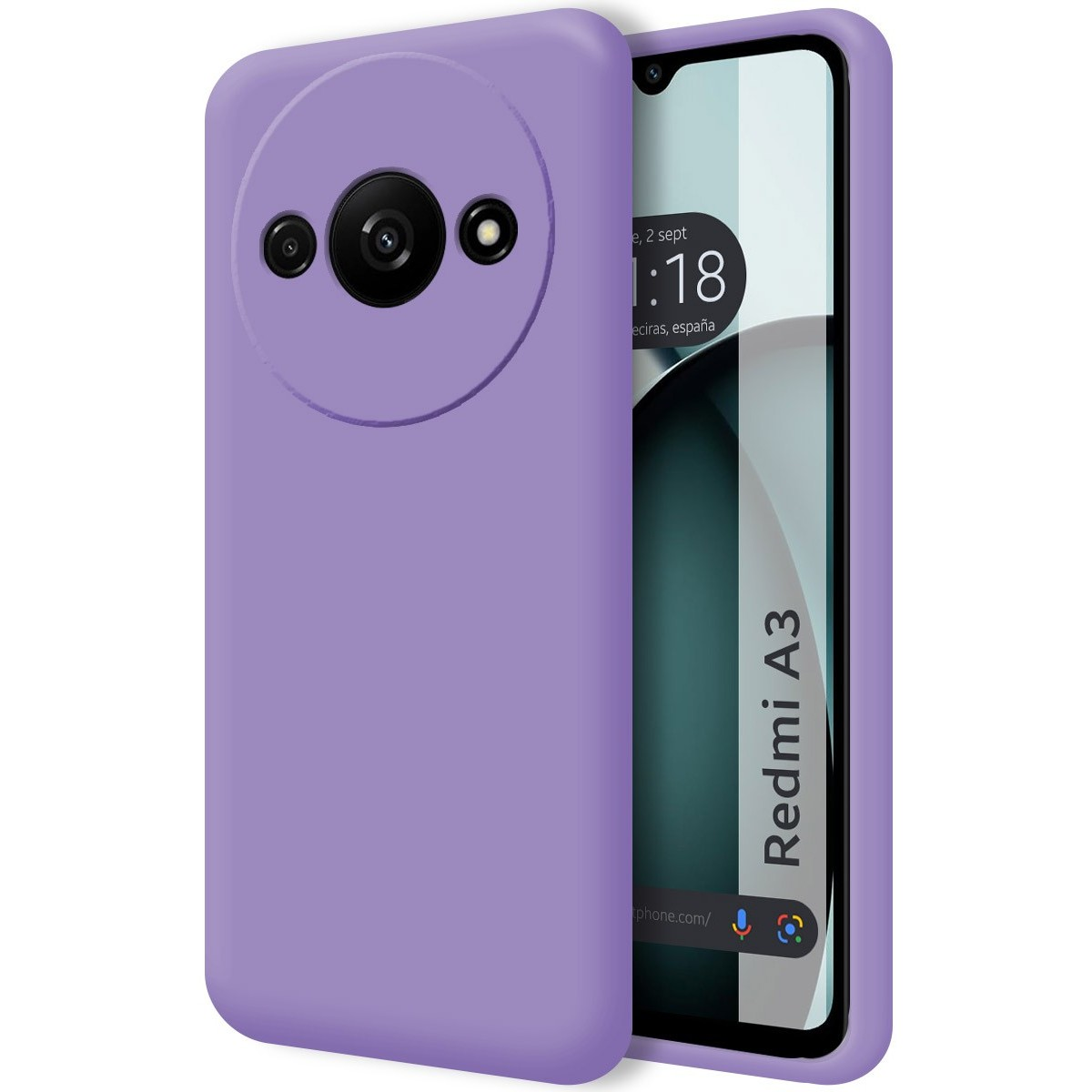 Funda de teléfono morada y pantalla mostrando fecha y hora, Redmi A3.