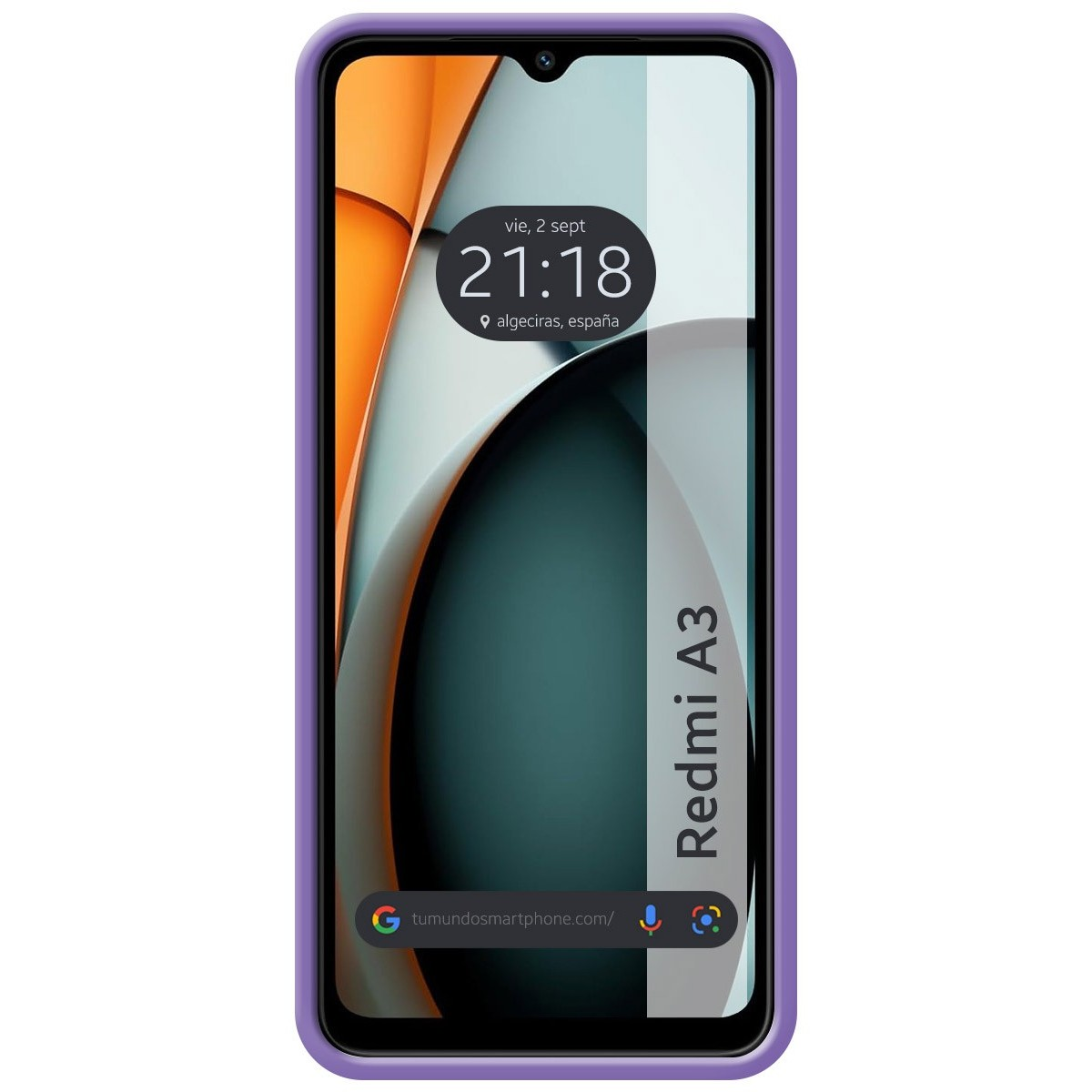 Funda morada con hora. Texto Redmi A3 a la derecha.