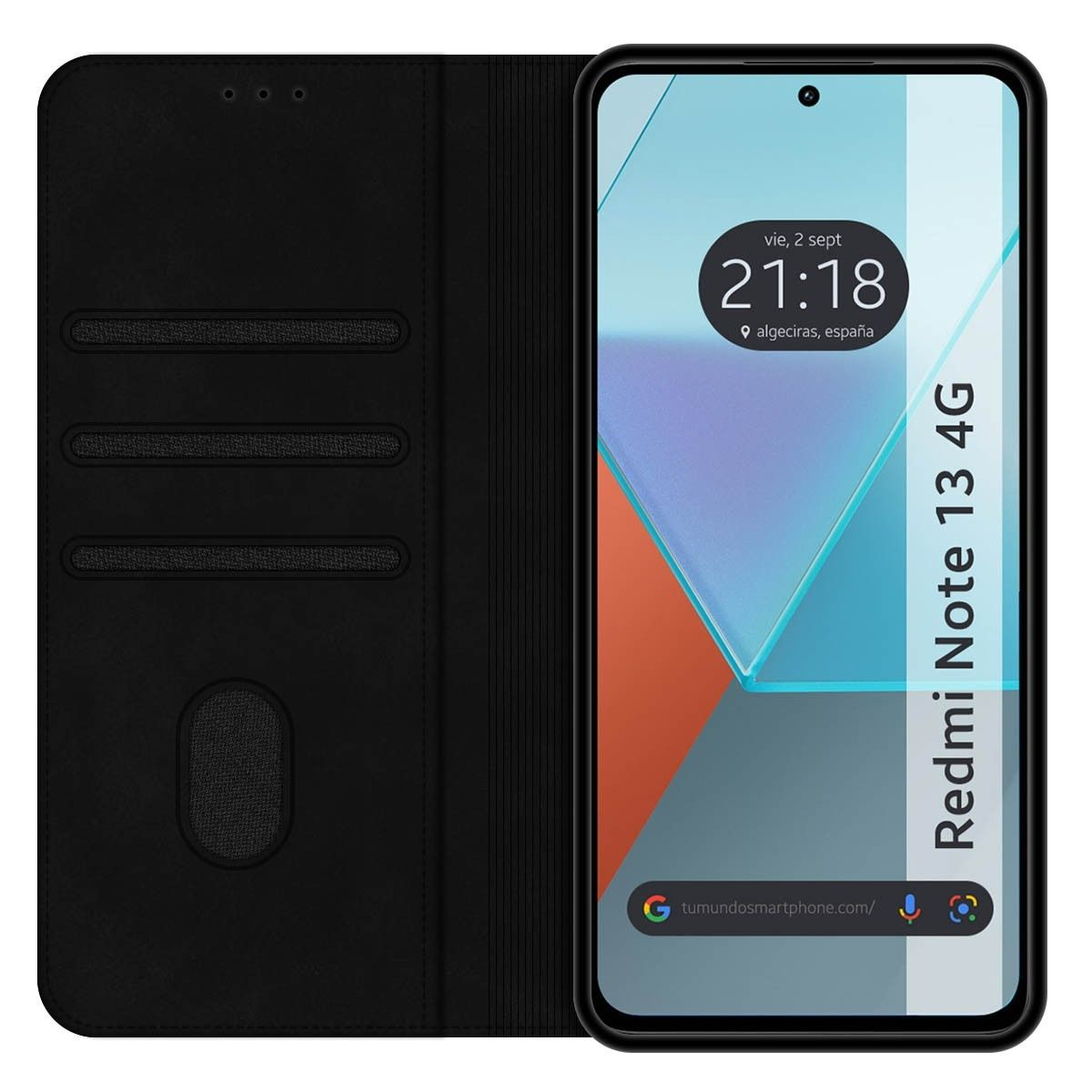 Custodia nera aperta per rivelare lo schermo del telefono con ora e luogo, con Redmi Note 13 4G.
