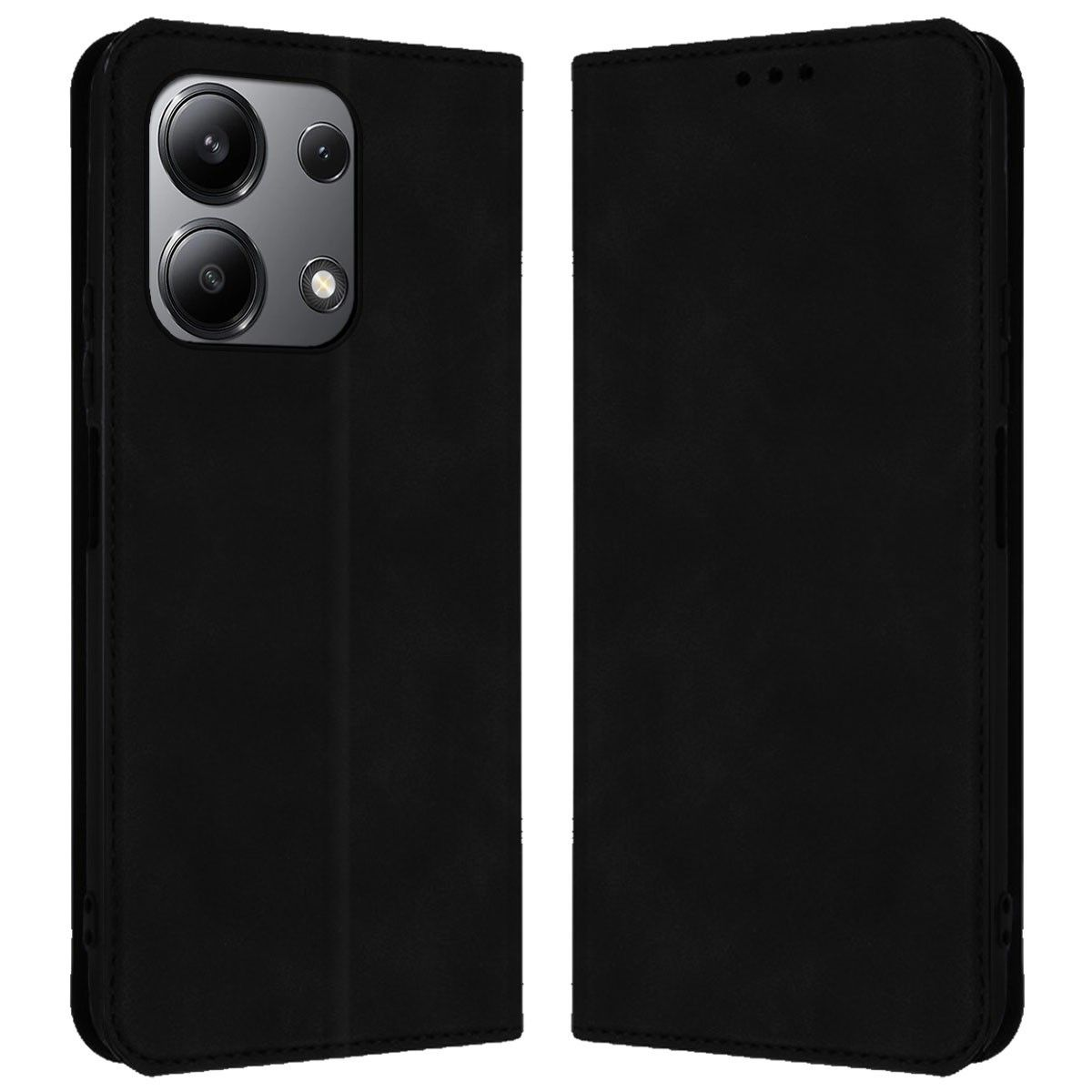 Custodia per telefono nera aperta con telefono visibile.