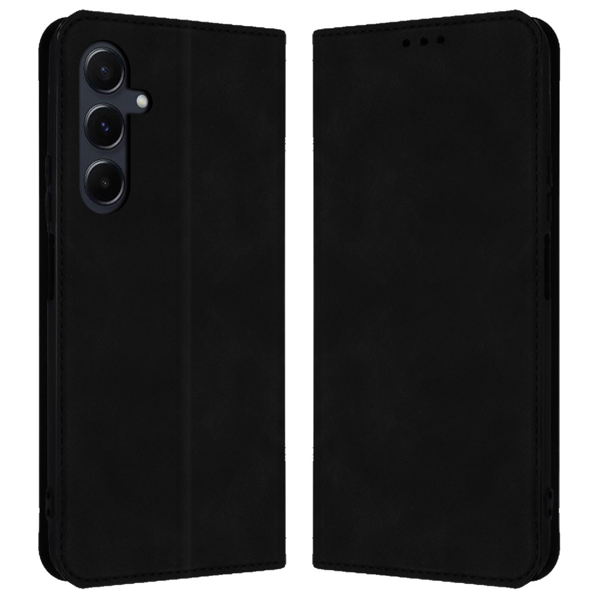 Funda de teléfono negra, abierta. Visible la parte trasera del teléfono con cámaras. La funda es negra.