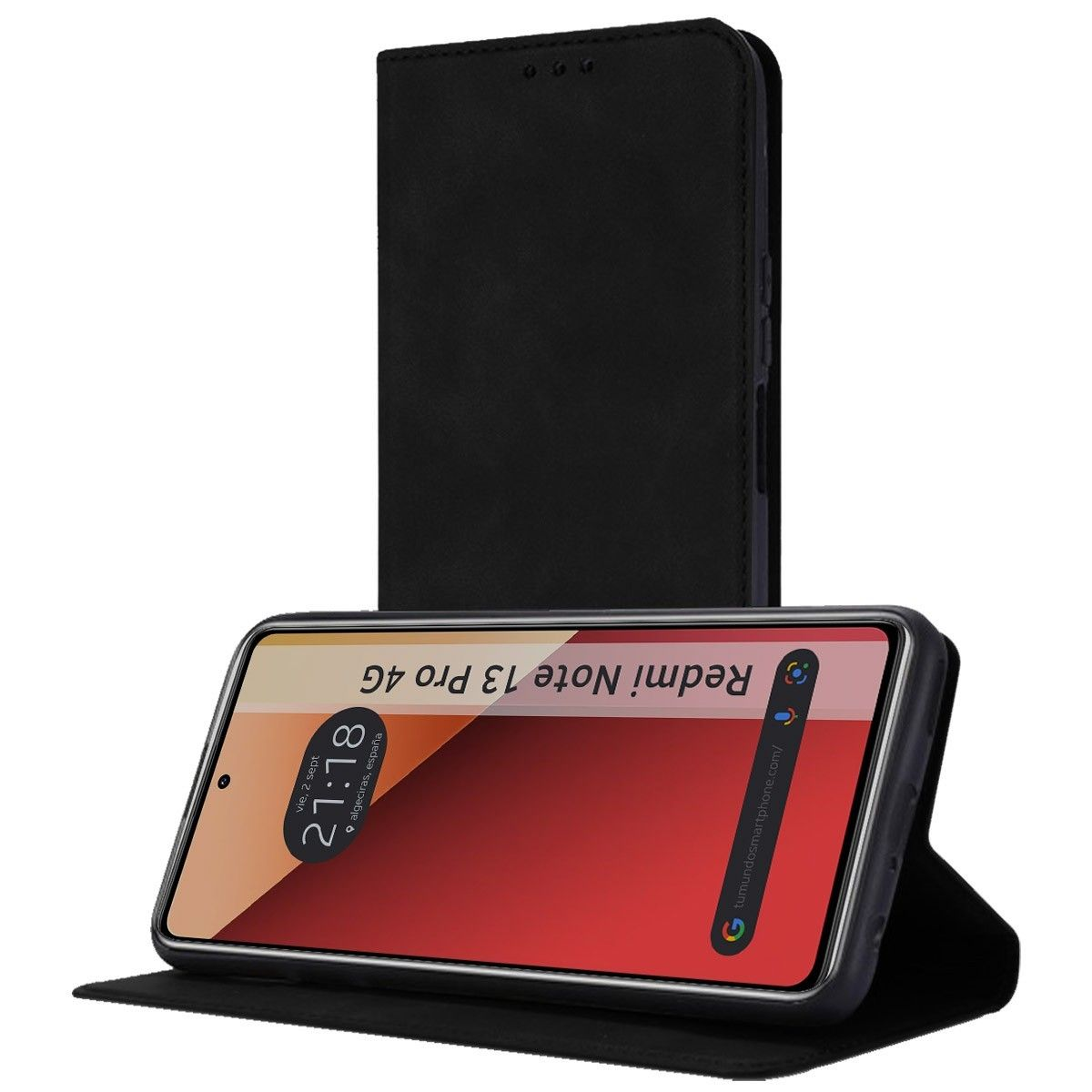Telefono nero in custodia nera. Lo schermo mostra l'ora. La custodia è aperta.