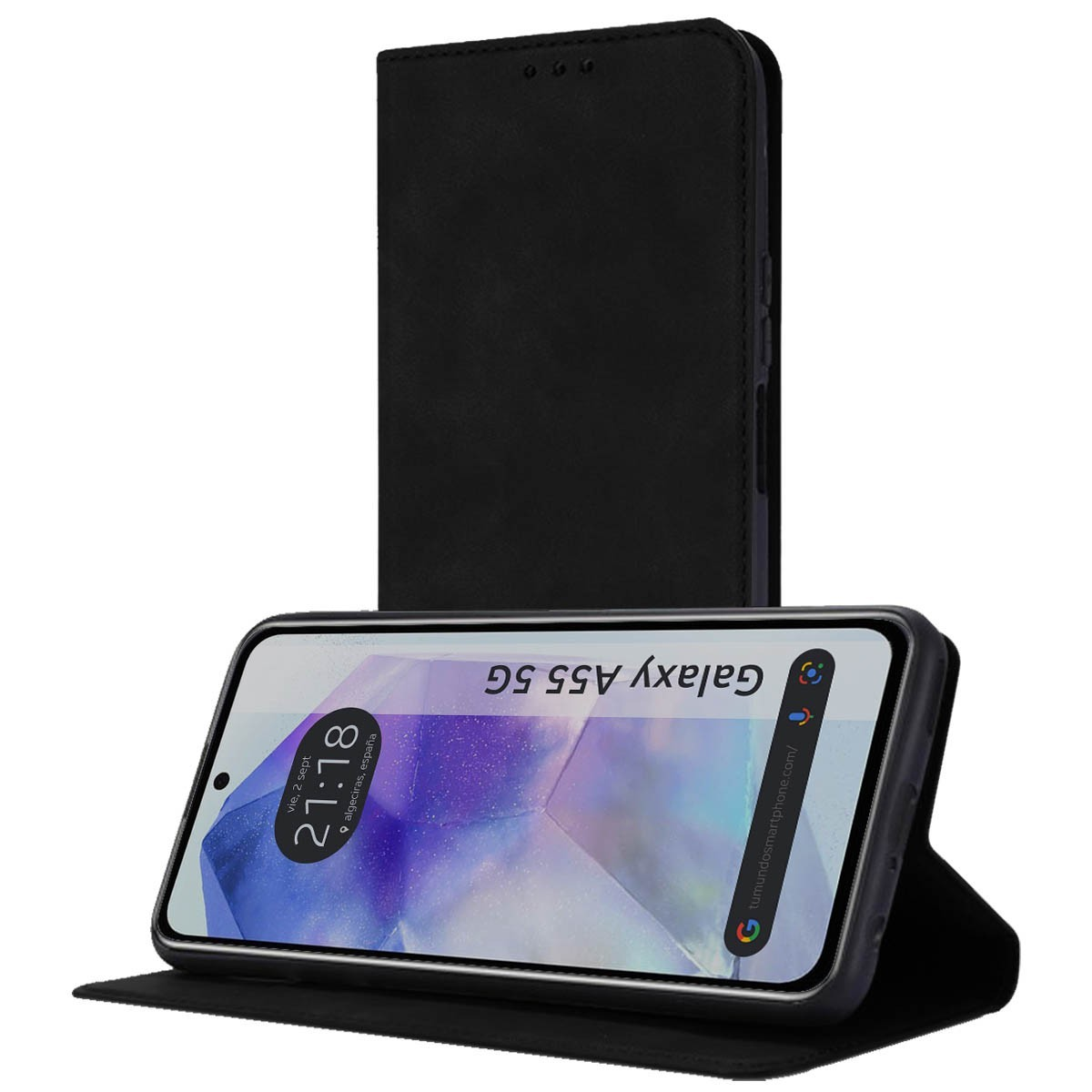 Una funda de teléfono negra con un teléfono dentro y su pantalla mostrando la hora y la fecha.
