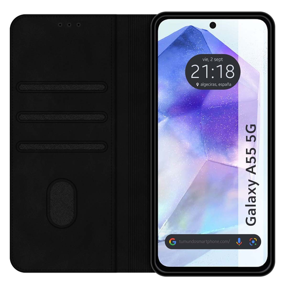 Funda negra con tapa abatible abierta. Texto Galaxy A55 5G a la derecha y hora en pantalla.