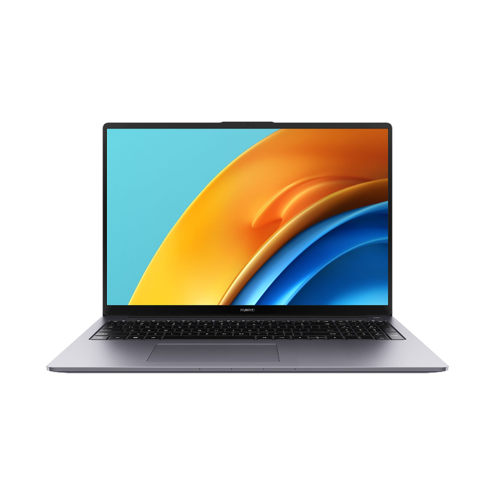 Un portátil plateado con una pantalla brillante naranja y azul.