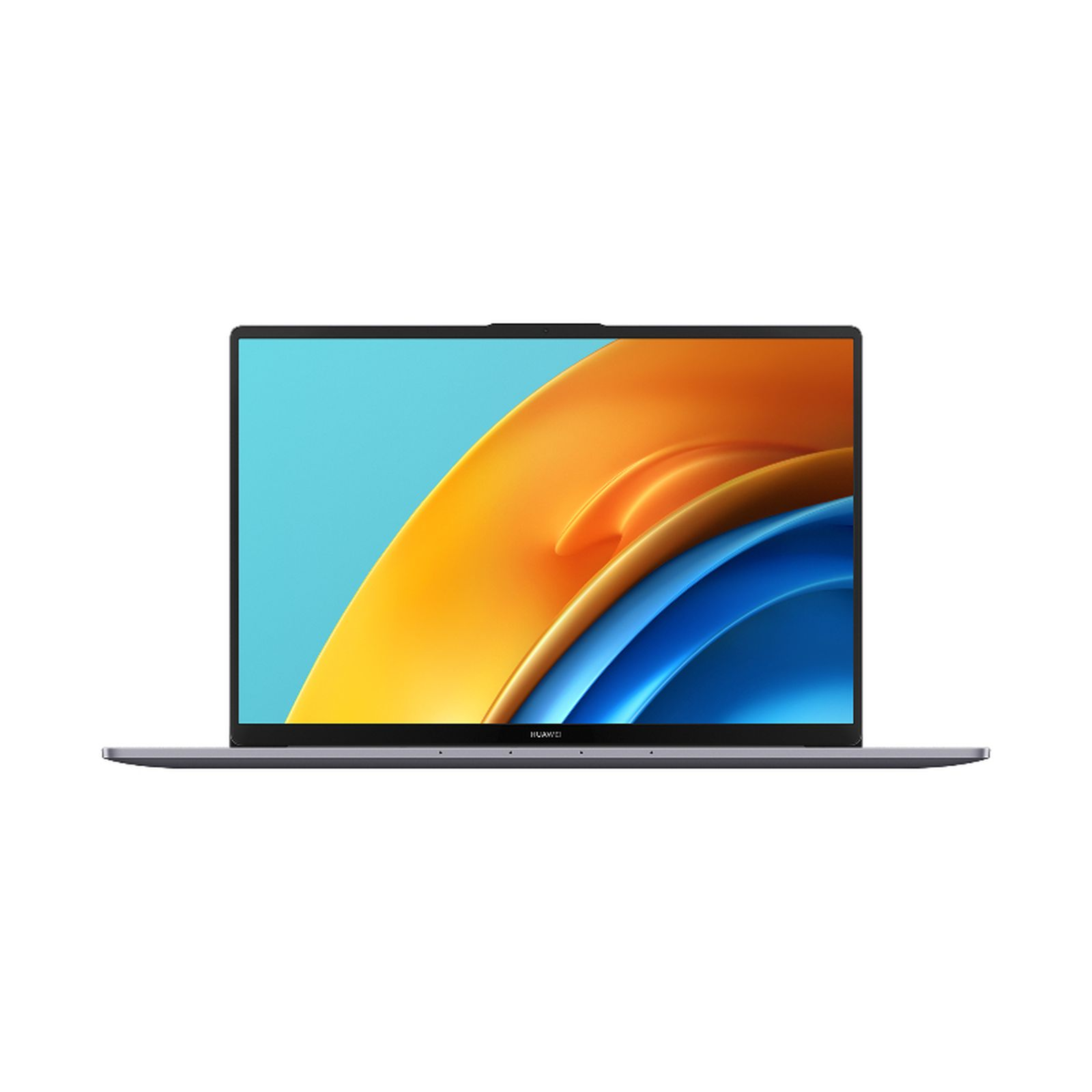 Un portátil abierto, mostrando una pantalla con un degradado azul y naranja.