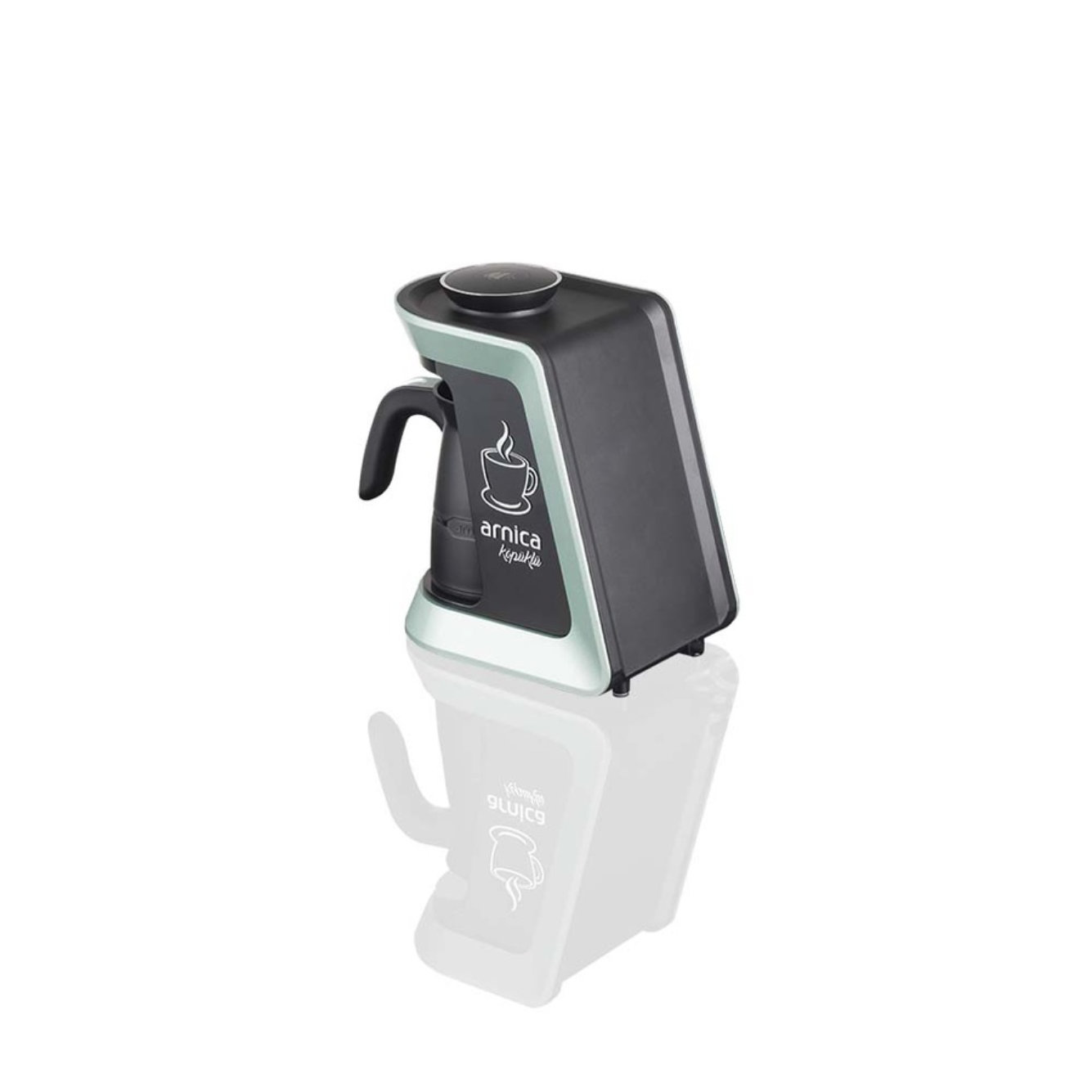 Eine schwarz-hellgrüne Kaffeemaschine, weißer Hintergrund, mit einem Tassen-Symbol.