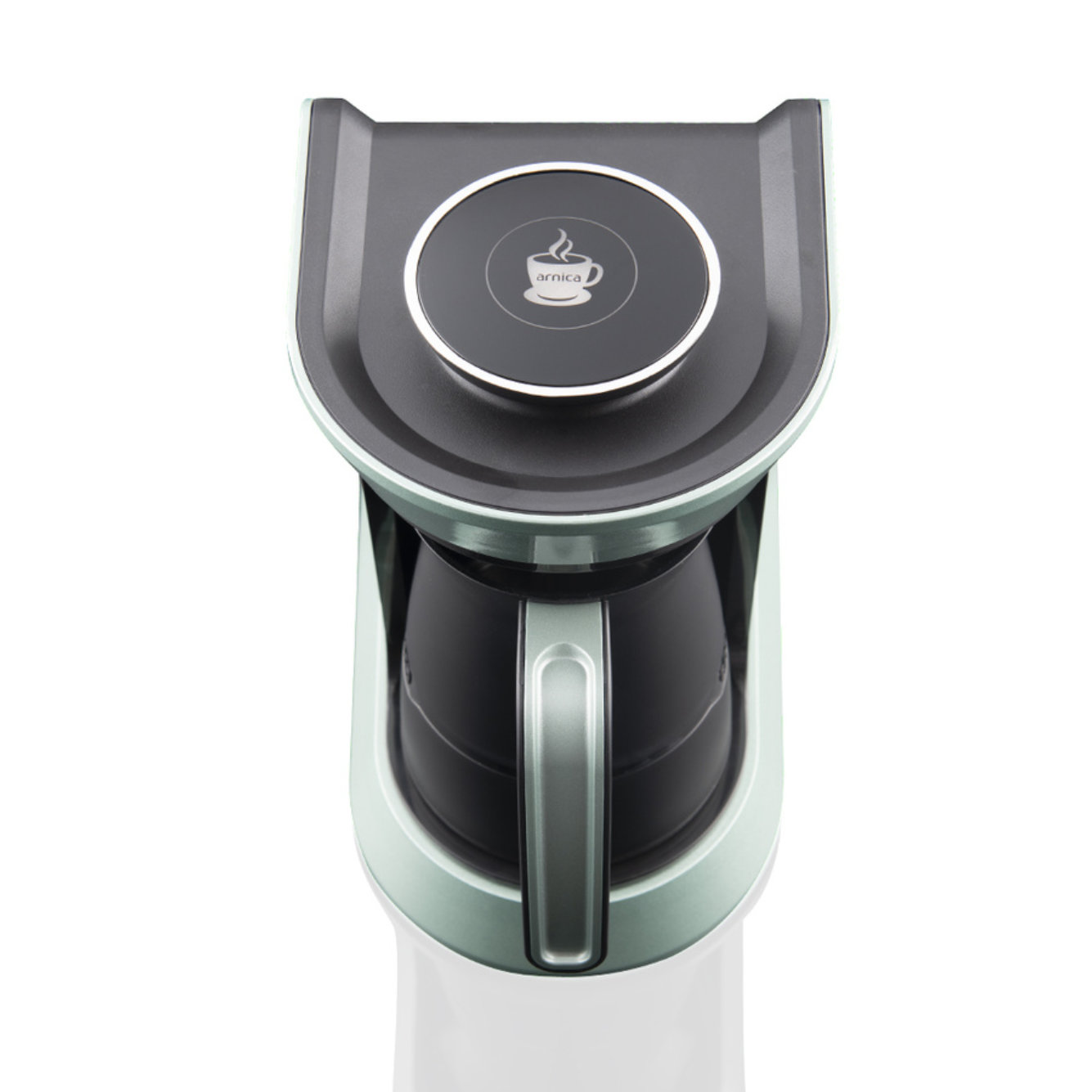 Kaffeemaschine. Draufsicht zeigt den Deckel und die Taste mit einem Kaffeetassen-Symbol. Weißer Hintergrund.
