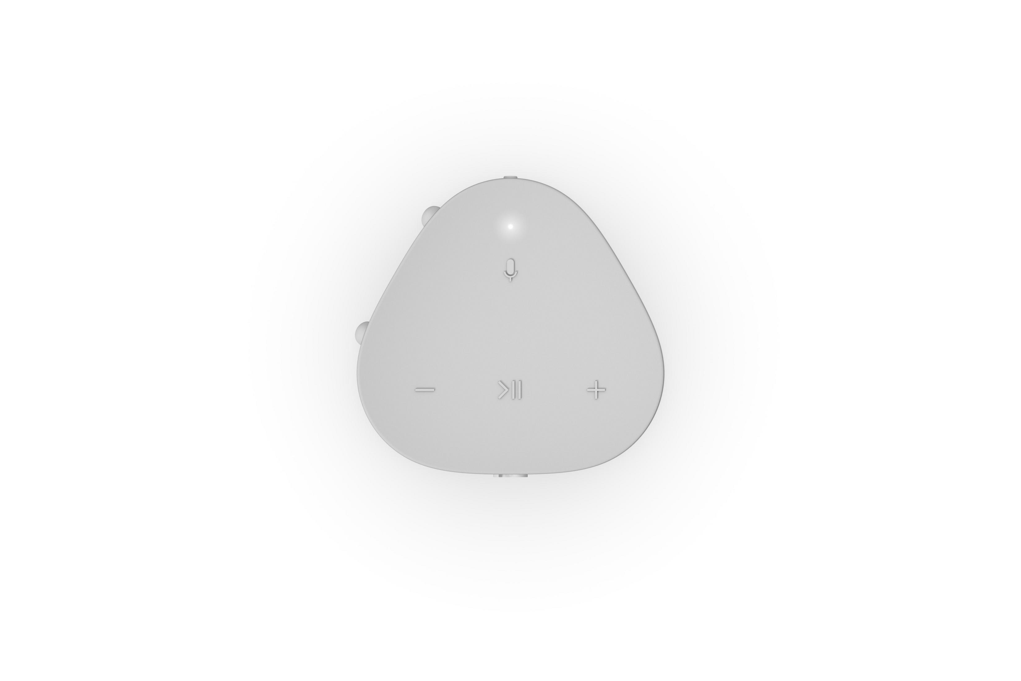 Vista superior de altavoz blanco con botones. Botones: reproducir/pausa, volumen arriba/abajo, y micro.