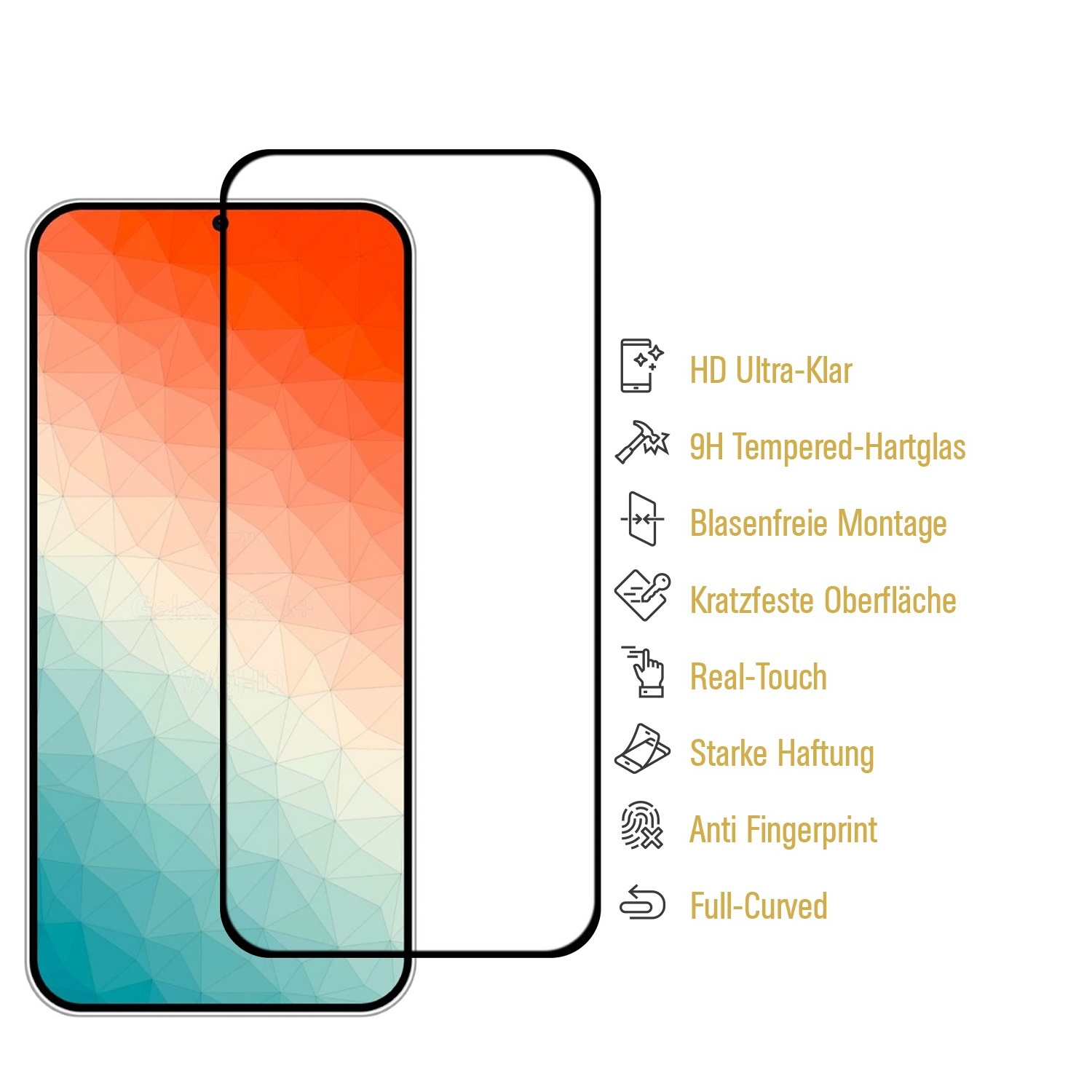 Zwei Smartphones, eines mit angebrachter Displayschutzfolie, mit Funktionssymbolen: HD, gehärtetes Glas usw.