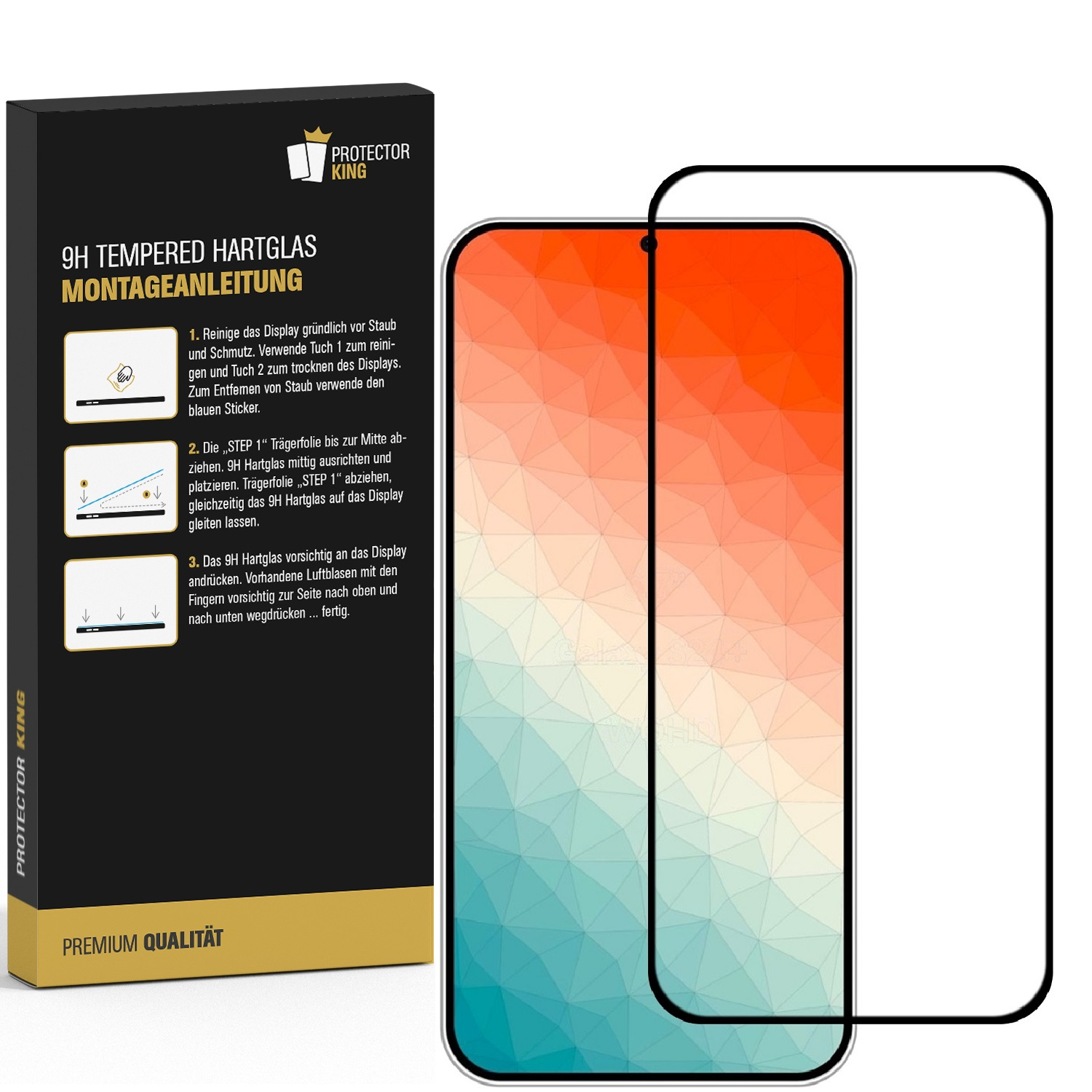 Verpackung für einen Displayschutz und ein Displayschutz auf einem Telefon. Anweisungen sind sichtbar.