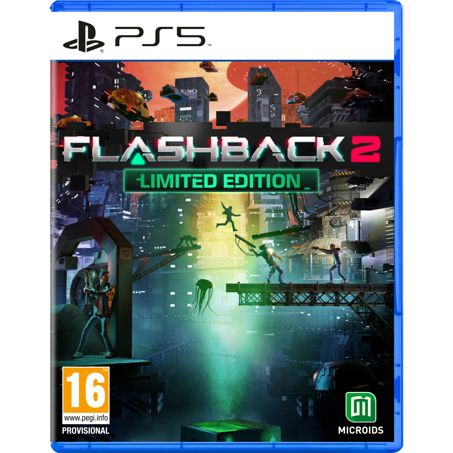 Pudełko gry PS5. Okładka Flashback 2 Limited Edition. Tło miejskie, postacie z bronią i futurystyczne konstrukcje.