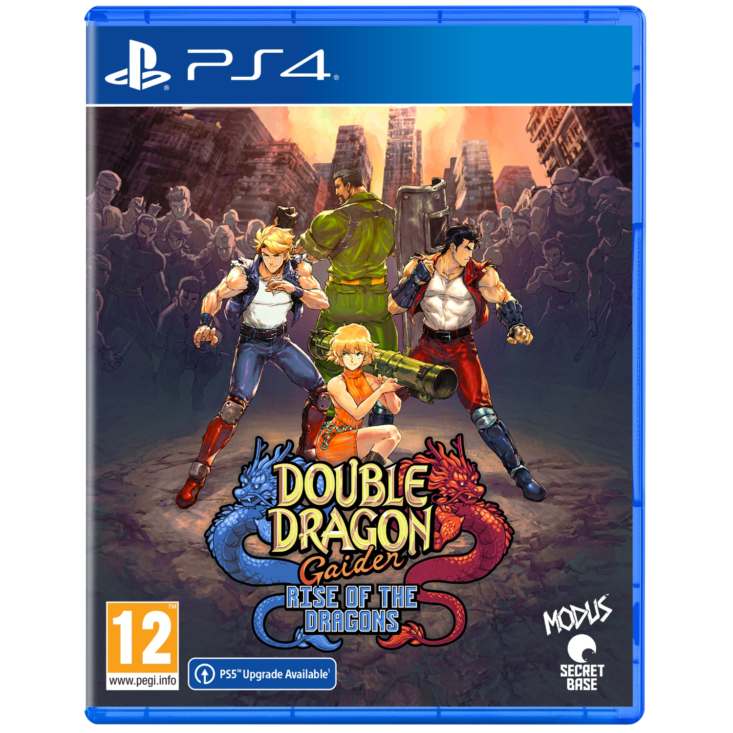Copertina del gioco PS4 con tre personaggi, un drago blu e un drago rosso. Il titolo è al centro.
