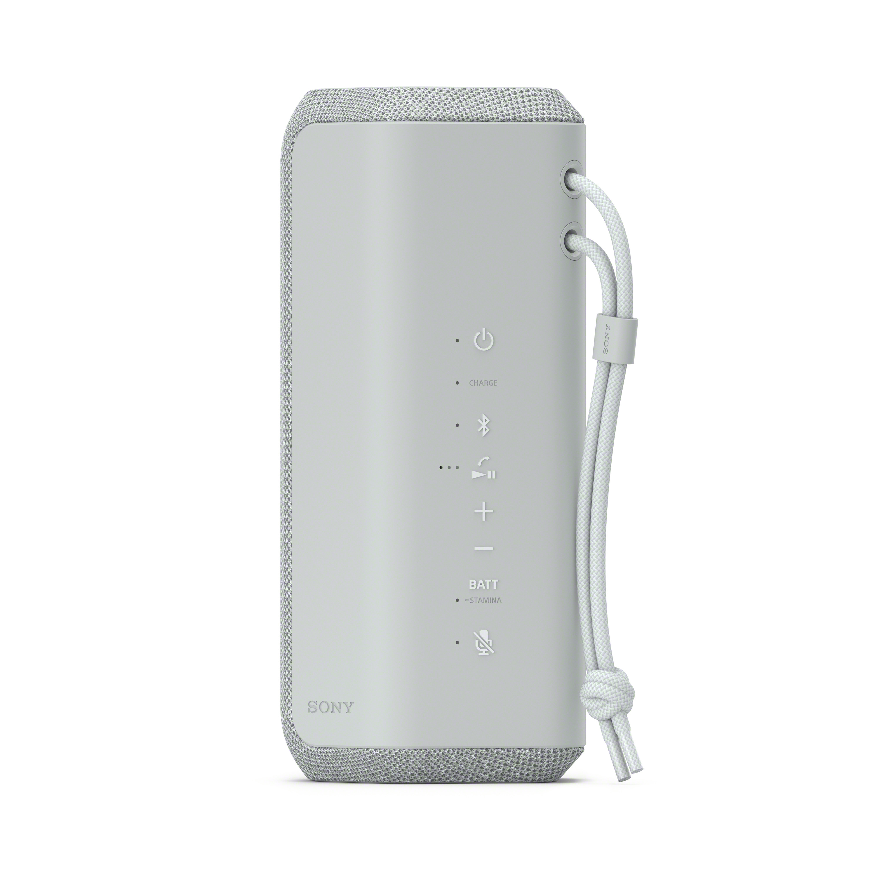 Altavoz portátil gris claro. Botones: carga, bluetooth, volumen, reproducir y micrófono.