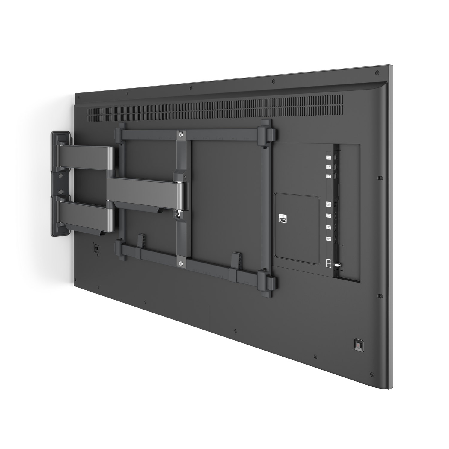 Czarny telewizor zamontowany na ścianie z uchwytem, ​​widok z tyłu.