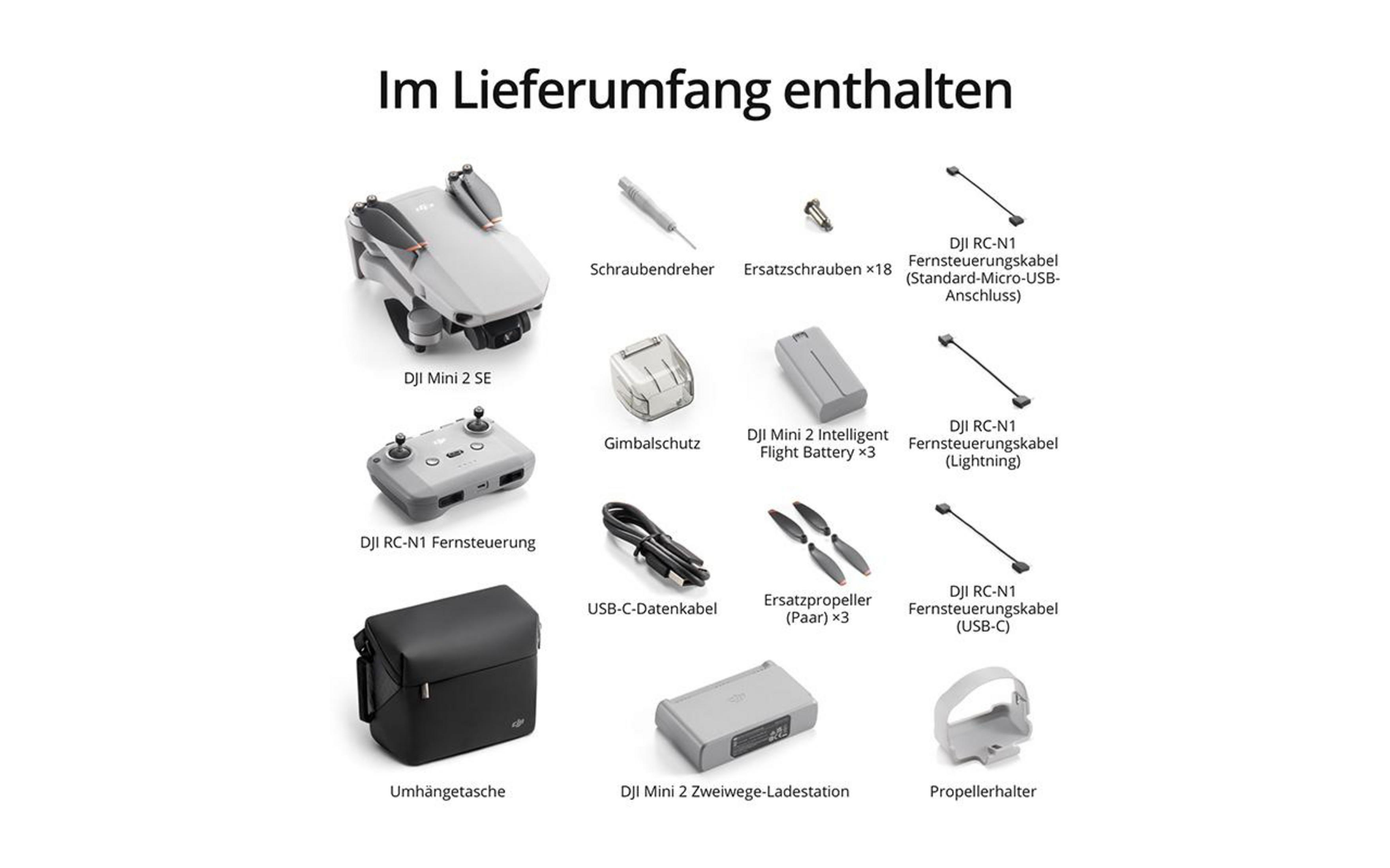 Ein Bild, das den Inhalt eines DJI Mini 2 SE Drohnenpakets zeigt. Enthält Drohne, Zubehör und Box.