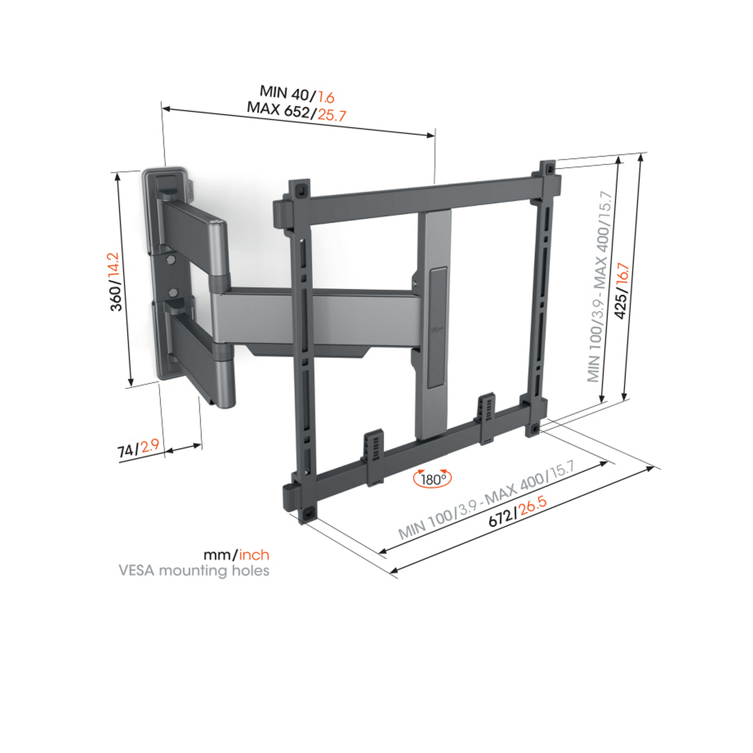 Uchwyt ścienny do TV, z wymiarami i etykietami. Jest srebrny i ma ruchome ramię.