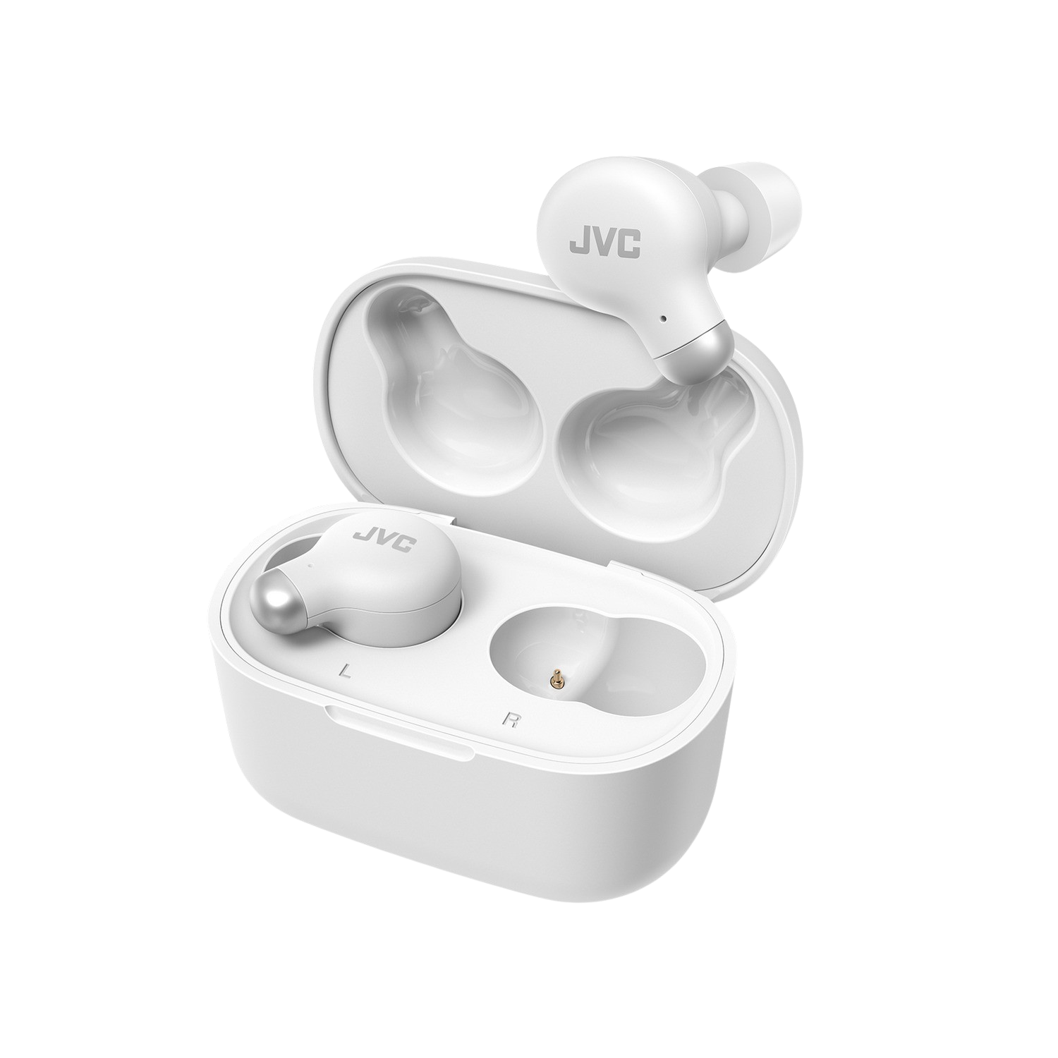 Białe słuchawki w białym etui ładującym.