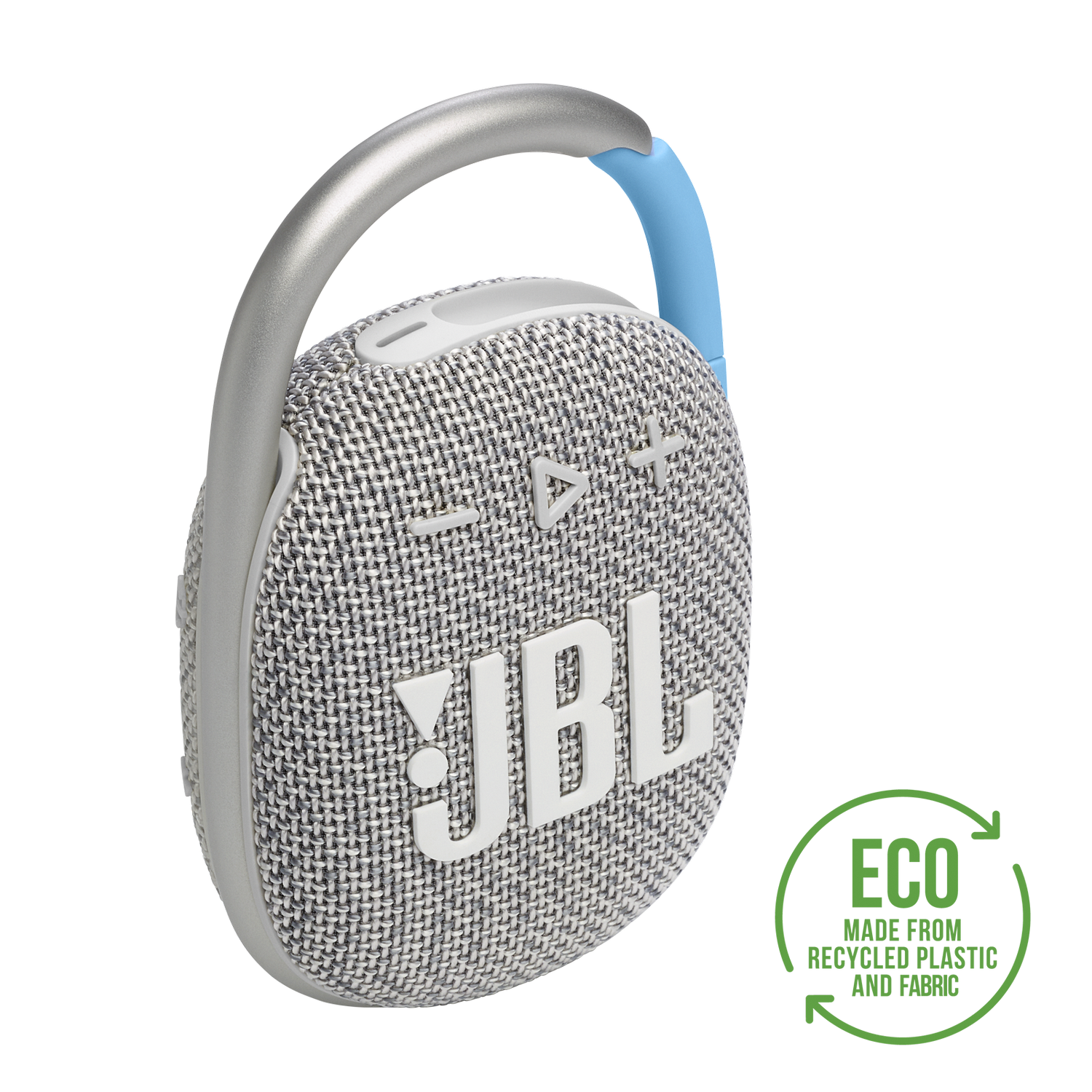 Szary głośnik JBL z niebieskim uchwytem. Ma fakturę tkaniny i widoczne logo JBL.